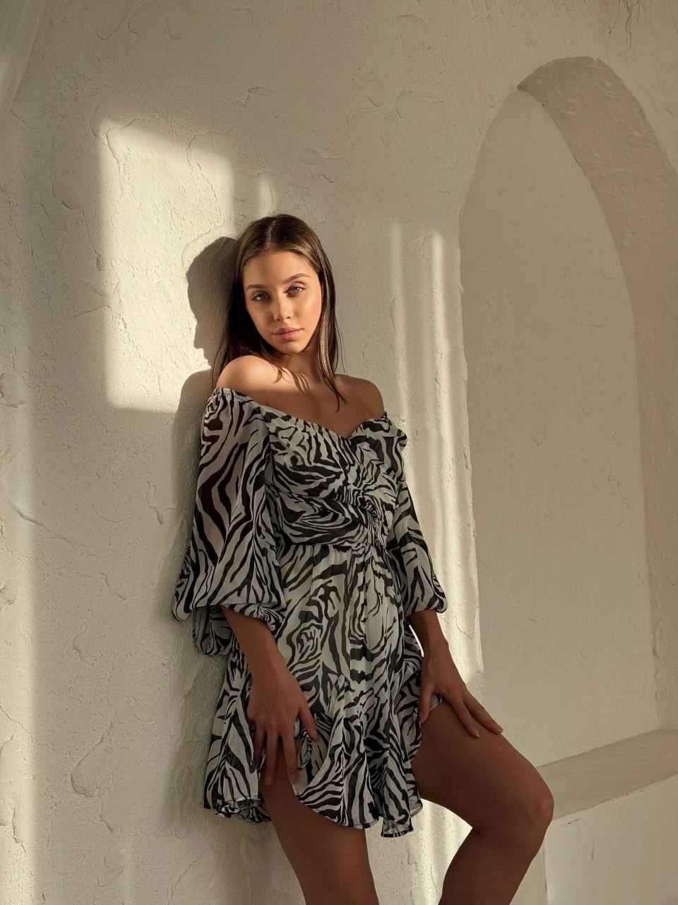 Zebra Desenli Omuz Dekolteli Bağlamalı Mini Elbise