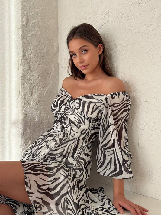 Zebra Desenli Omuz Dekolteli Bağlamalı Mini Elbise