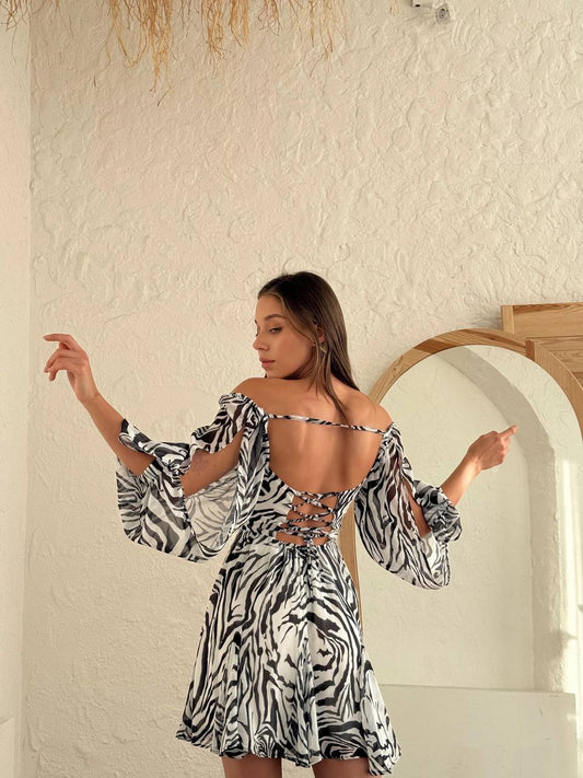 Zebra Desenli Omuz Dekolteli Bağlamalı Mini Elbise