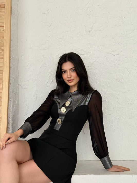 Aksesuarlı Mini Siyah Elbise