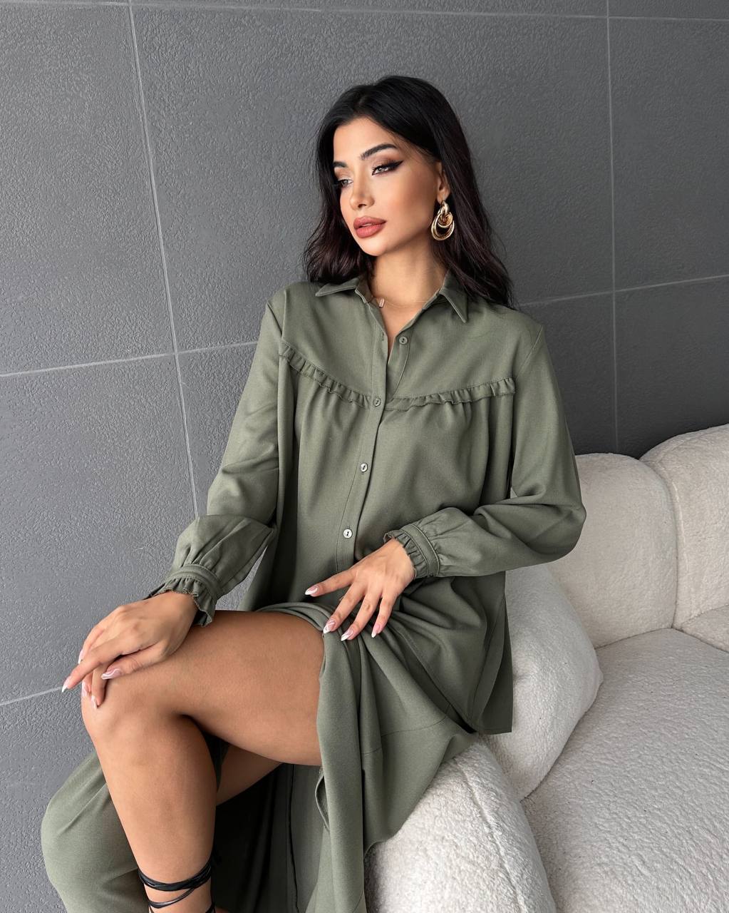 Düğmeli Oversize Gömlek Elbise